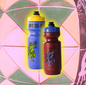 A purple water bottle and a maroon water bottle both with a dragon illustration, with the words "Mister Jiu's." They both have a yellow glow around them. It is photoshopped over a warped tile background.